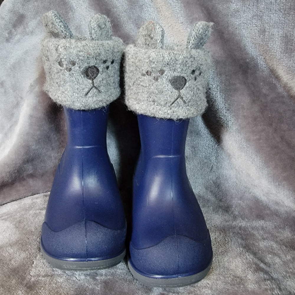 Stride Rite Rain Boots Boys 5 Navy Excellent Gecko Felt Liner Animal Face 360